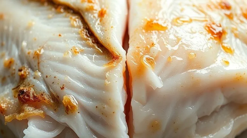 A close-up, photorealistic image showing a clear visual contrast: one half of the frame features a piece of dry, overcooked white fish with visible fibrous texture, while the other half displays a perfectly flaky, moist piece of the same fish, glistening with natural oils. Cinematic lighting, sharp focus, 8K hyper-detailed, depth of field, professional food photography.