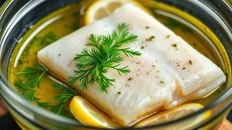 A professional, photorealistic close-up of a white fish fillet marinating in a glass bowl. The marinade is a vibrant mix of fresh herbs (dill, parsley), lemon slices, olive oil, and spices. Cinematic lighting, sharp focus on the fish and marinade, 8K hyper-detailed, depth of field, shot on a high-end DSLR, kitchen setting.
