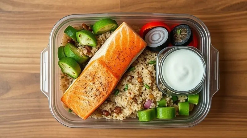 A beautifully arranged, professional photorealistic flat lay of a fit lunchbox. It contains a perfectly cooked, flaky piece of salmon, a vibrant quinoa salad with fresh vegetables, and a small separate container of dill-yogurt sauce. All elements are fresh and appealing. Cinematic lighting, sharp focus, 8K hyper-detailed, depth of field, professional food photography.
