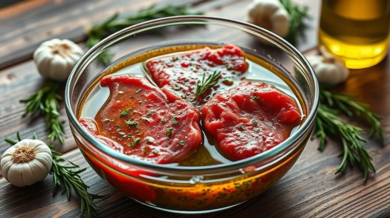 A vibrant, photorealistic image of lean beef steaks marinating in a glass bowl filled with a rich, herb-infused marinade, surrounded by fresh garlic, rosemary, and olive oil drizzles. The scene is set on a rustic wooden table with soft, natural light, emphasizing freshness and preparation. Professional photography, 8K, cinematic lighting, sharp focus, depth of field, shot on a high-end DSLR, evoking a sense of anticipation and healthy cooking.