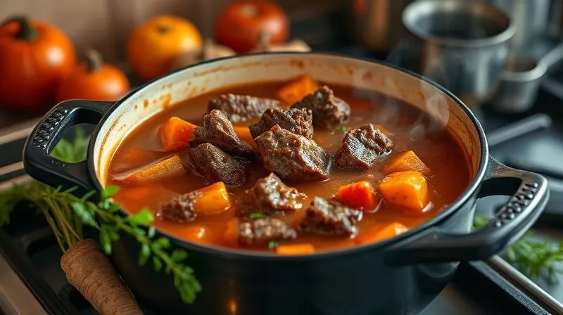 A professional, photorealistic image of a slow-cooked beef stew simmering gently in a cast iron pot on a stove, surrounded by fresh root vegetables and herbs. Steam rises invitingly, indicating a rich, moist dish. Cinematic lighting, 8K, sharp focus on the stew, depth of field, shot on a high-end DSLR, conveying warmth and hearty, healthy cooking.