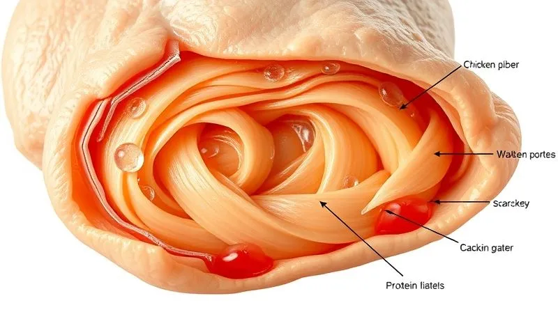 A scientific diagram showing the protein fibers in chicken breast contracting due to excessive heat, with water molecules escaping. The fibers are depicted as tightly wound, with droplets of water visibly separating from them. Photorealistic, professional, 8K, with clear labels for proteins and water.
