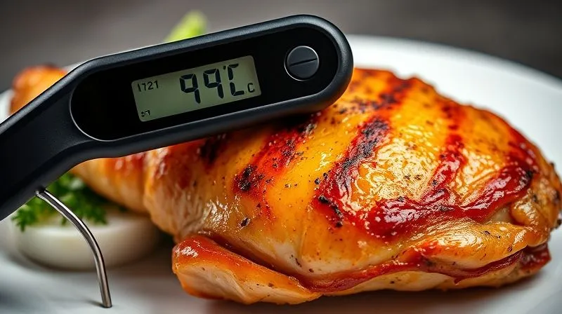 A close-up, photorealistic shot of a digital meat thermometer with a sleek, modern design, inserted into a perfectly cooked chicken breast. The display clearly shows '74°C'. The chicken breast has a golden-brown sear, resting on a clean white plate. Cinematic lighting, sharp focus on the thermometer and chicken, depth of field blurring the background, 8K, professional photography.