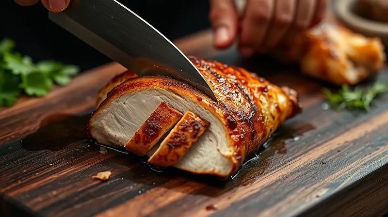 A chef's knife expertly slicing a cooked chicken breast against the grain on a dark wooden cutting board. Juices are visibly glistening on the surface of the meat and on the board. The scene is well-lit, professional photography, sharp focus on the knife and chicken, 8K, depth of field blurring the background.