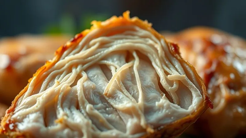 Photorealistic close-up of a cross-section of overcooked, dry chicken breast, showing stringy fibers, contrasted with a small portion of a juicy, tender chicken breast in the background, cinematic lighting, sharp focus on the dry texture, depth of field, 8K, professional photography.