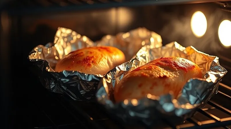 Photorealistic image of chicken breasts baking in foil packets in an oven, steam gently rising, cinematic lighting, sharp focus on the foil packets, depth of field, 8K, professional photography.