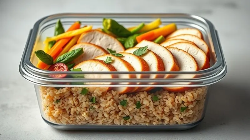 Photorealistic image of a vibrant, healthy meal prep container with perfectly sliced, juicy chicken breast, colorful steamed vegetables, and quinoa, ready for consumption. The container is stackable and visually appealing, cinematic lighting, sharp focus on the food, depth of field, 8K, professional photography.