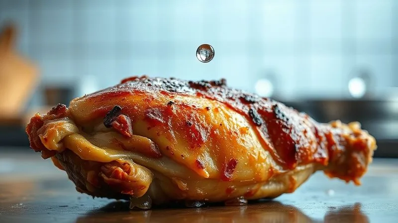 photorealistic, professional photography, 8K, cinematic lighting, sharp focus, depth of field, shot on a high-end DSLR, a close-up of a dry, overcooked chicken breast, looking unappetizing and crumbly, with a single drop of water escaping from it, symbolizing moisture loss, set against a blurred, sterile kitchen background.
