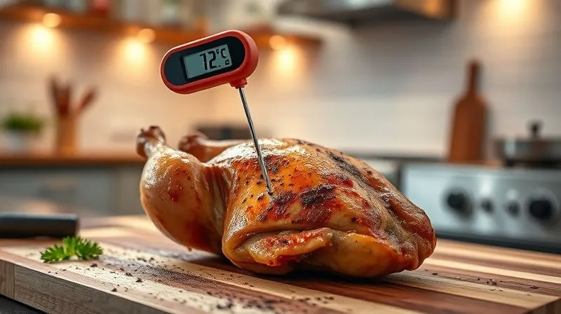 Photorealistic, professional photography, 8K, cinematic lighting, sharp focus, depth of field, shot on a high-end DSLR. A digital meat thermometer probe inserted into a perfectly roasted, golden-brown chicken breast on a cutting board, displaying a temperature of 72°C. The background is a clean, modern kitchen with soft, warm lighting. Emphasize the precision and ease of use.