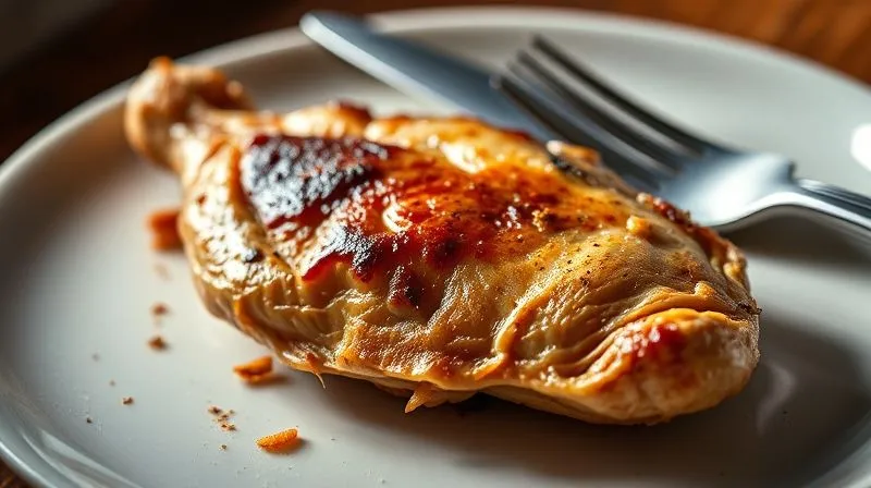 Photorealistic, professional photography, 8K, cinematic lighting, sharp focus, depth of field, shot on a high-end DSLR. A stark image of an overcooked, dry chicken breast on a plate, with visible stringy fibers and a dull, unappetizing appearance. The lighting is harsh, emphasizing the lack of moisture and the unpleasant texture. A knife and fork lie beside it, untouched, conveying disappointment and a wasted meal.