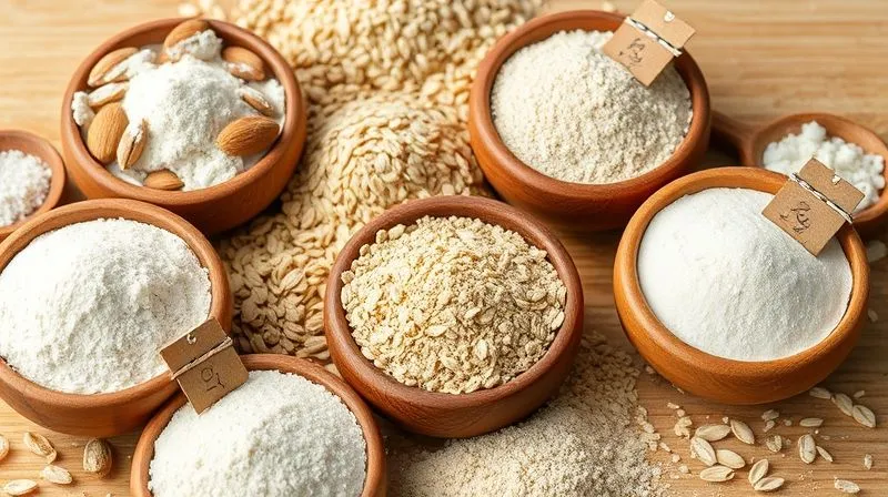 Photorealistic arrangement of various gluten-free flours in small wooden bowls: almond flour, coconut flour, oat flour, rice flour, and potato starch. Each bowl is labeled with a rustic tag. Professional photography, natural light, sharp focus on the textures, depth of field, 8K hyper-detailed, shot on a high-end DSLR.