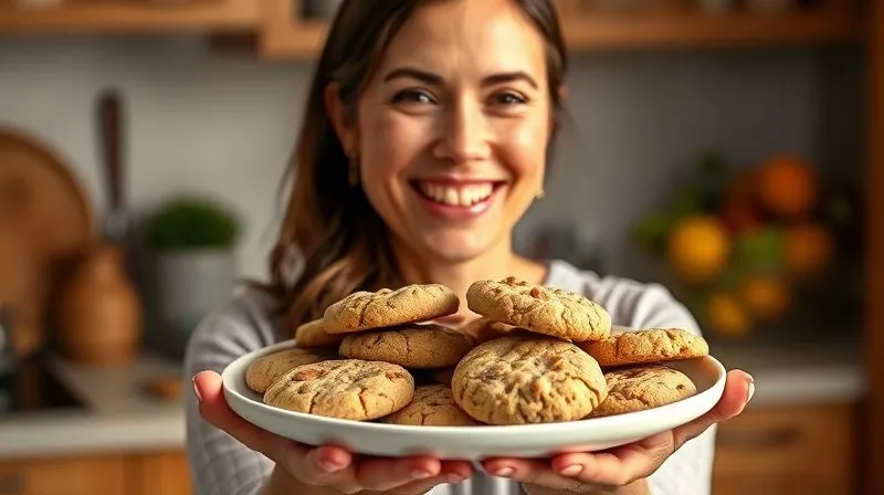 Photorealistic image of a happy woman (Ania) holding a plate of perfectly baked, moist gluten-free cookies, smiling brightly. The cookies look delicious and well-textured. Professional photography, warm kitchen lighting, sharp focus on Ania and the cookies, depth of field, 8K hyper-detailed, shot on a high-end DSLR.
