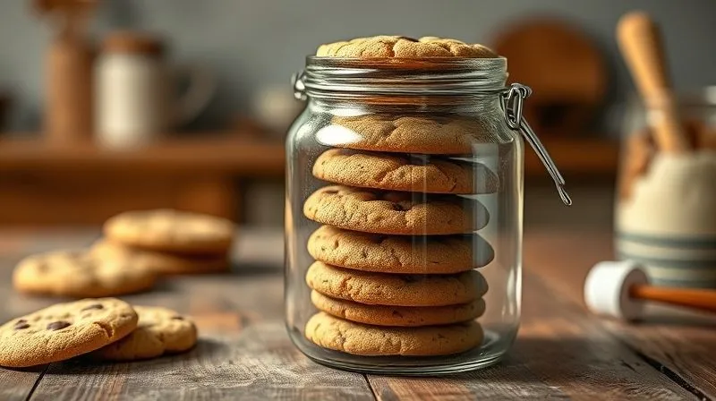 Photorealistic image of perfectly baked gluten-free, low-calorie cookies neatly stacked in an airtight glass jar on a rustic wooden table, with a small piece of bread tucked inside. Soft, warm kitchen lighting, sharp focus on the cookies, depth of field, 8K hyper-detailed, shot on a high-end DSLR.