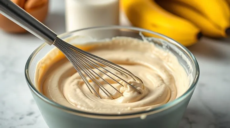 Photorealistic, professional photography, 8K, cinematic lighting, sharp focus, depth of field, shot on a high-end DSLR. A close-up of a bowl with a perfectly balanced gluten-free muffin batter, showing a smooth, creamy texture, with a whisk resting gently in it. Ingredients like ripe bananas and a bottle of almond milk are subtly blurred in the background, conveying the idea of proper hydration in baking.