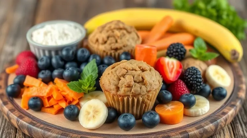 Photorealistic, professional photography, 8K, cinematic lighting, sharp focus, depth of field, shot on a high-end DSLR. A vibrant, colorful array of fresh fruits and vegetables commonly used in muffins (e.g., blueberries, raspberries, grated carrots, sliced bananas) artfully arranged on a rustic wooden board, with a small bowl of gluten-free flour blend in the background. The scene emphasizes freshness and natural ingredients that contribute to moisture.