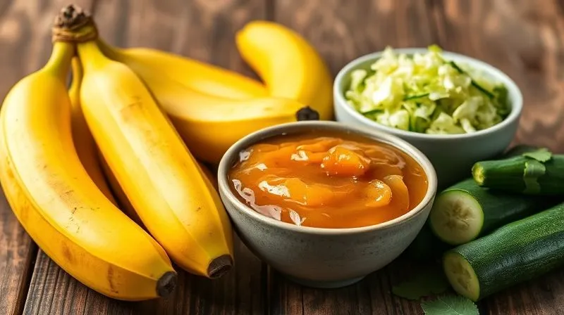 photorealistic, professional photography, 8K, cinematic lighting, sharp focus, depth of field, shot on a high-end DSLR. A vibrant still life composition featuring ripe bananas, grated zucchini, and a bowl of unsweetened apple sauce, all ingredients known for adding moisture to baked goods, arranged on a rustic wooden table.