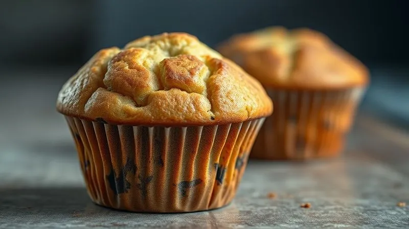 photorealistic, professional photography, 8K, cinematic lighting, sharp focus, depth of field, shot on a high-end DSLR. A close-up shot of an over-baked, visibly dry and cracked muffin, contrasting with a perfectly golden and moist one in the background, subtly highlighting common baking mistakes.