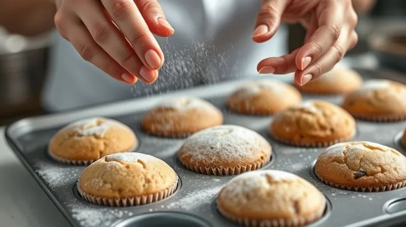 photorealistic, professional photography, 8K, cinematic lighting, sharp focus, depth of field, shot on a high-end DSLR. A professional baker's hands gently dusting a tray of perfectly baked, sugar-free muffins with a fine layer of powdered erythritol, showcasing a meticulous finishing touch and attention to detail.