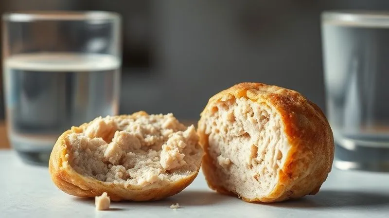 Photorealistic, professional photography, 8K, cinematic lighting, sharp focus, depth of field. A deconstructed chicken meatball, showing its dry, crumbly internal texture next to a glass of water, symbolizing the lack of moisture. The scene is slightly desaturated, conveying a sense of disappointment and lack of flavor. Shot on a high-end DSLR.