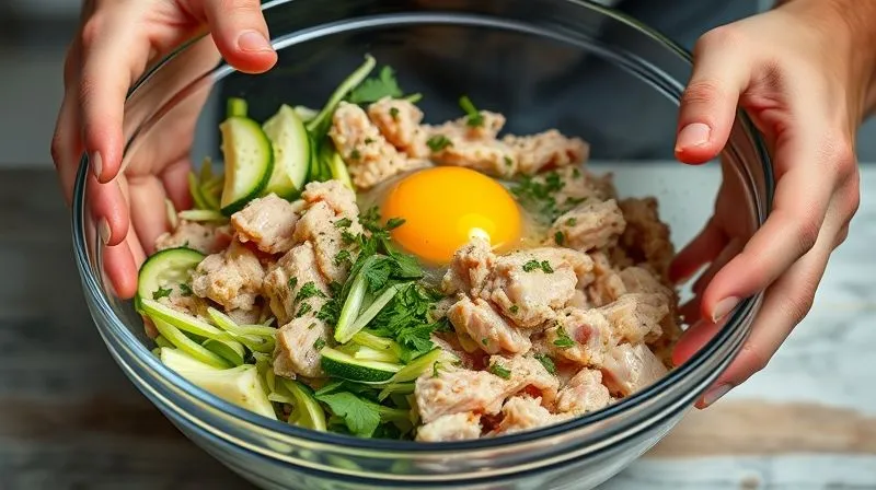 Photorealistic, professional photography, 8K, cinematic lighting, sharp focus, depth of field. A close-up of hands mixing ground chicken with finely grated zucchini, chopped herbs, and a single egg in a large glass bowl. The ingredients are vibrant and fresh, with a focus on the texture of the mixture. The background shows a clean, modern kitchen counter. Shot on a high-end DSLR.