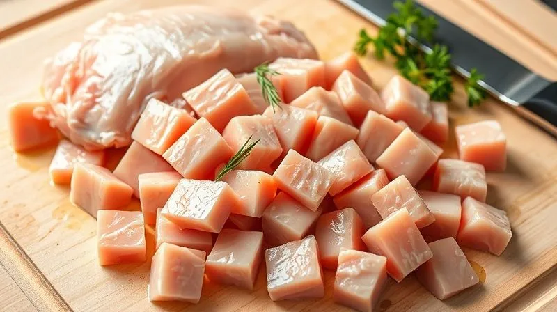 A photorealistic, professional photography, 8K, cinematic lighting, sharp focus, depth of field, shot on a high-end DSLR, close-up of raw, fresh chicken breast, perfectly trimmed and uniformly sliced into cubes, ready for skewering, laid out on a clean, light butcher block. A chef's knife is resting nearby, and fresh herbs are subtly placed, emphasizing quality and preparation. The lighting is bright and natural. No text or logos.