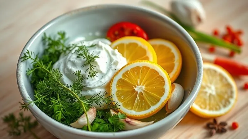 A photorealistic, professional photography, 8K, cinematic lighting, sharp focus, depth of field, shot on a high-end DSLR, close-up of a vibrant bowl filled with fresh marinade ingredients: Greek yogurt, sliced lemons, fresh dill, minced garlic, a hint of olive oil, and various colorful spices, all arranged artistically on a light wooden table. The scene evokes freshness and healthy preparation. No text or logos.