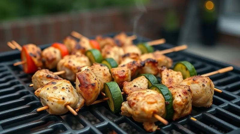 A photorealistic, professional photography, 8K, cinematic lighting, sharp focus, depth of field, shot on a high-end DSLR, close-up of chicken and vegetable skewers perfectly grilling on a clean, hot BBQ grates. Visible grill marks and a slight smoky haze. The skewers are glistening and appear incredibly juicy, with steam subtly rising. The background is a gently blurred outdoor setting, suggesting a summer evening. No text or logos.