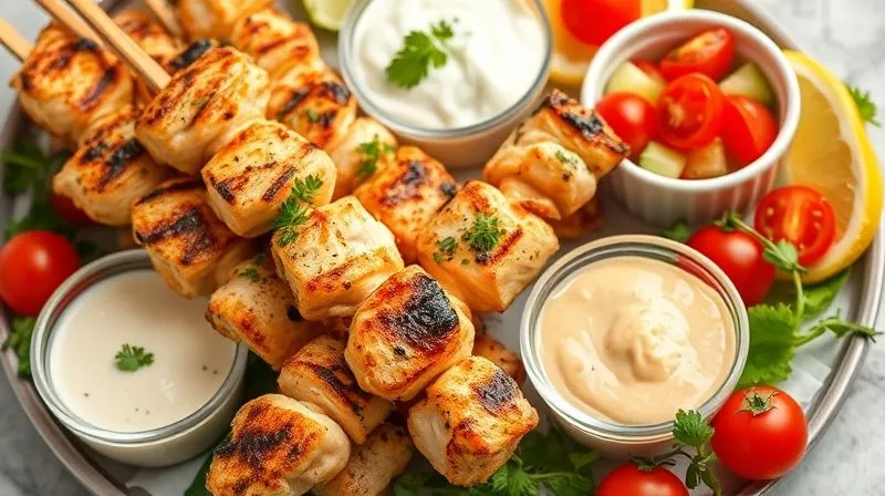 A photorealistic, professional photography, 8K, cinematic lighting, sharp focus, depth of field, shot on a high-end DSLR, a selection of vibrant, low-calorie dipping sauces and fresh garnishes arranged around a serving of grilled chicken skewers. Sauces include a creamy yogurt-dill sauce, a fresh tomato-cucumber salsa, and a light herb vinaigrette. Fresh herbs, lemon wedges, and cherry tomatoes are artfully scattered. The scene is bright, healthy, and appealing. No text or logos.