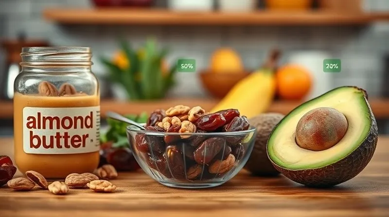A vibrant, photorealistic image of a kitchen counter with various 'healthy' smoothie ingredients: a jar of almond butter, a bowl of walnuts, dried dates, and a whole avocado, all with small, subtle digital calorie labels hovering above them, illustrating the hidden caloric density. Professional photography, 8K, cinematic lighting, sharp focus, depth of field, shot on a high-end DSLR.