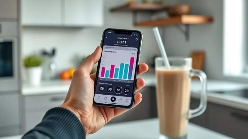 A photorealistic, professional image of a person's hand holding a smartphone displaying a nutrition tracking app with a bar chart showing caloric intake, next to a perfectly blended oatmeal smoothie. The background is a clean, modern kitchen. Cinematic lighting, sharp focus on the phone and smoothie, depth of field, 8K, shot on a high-end DSLR.