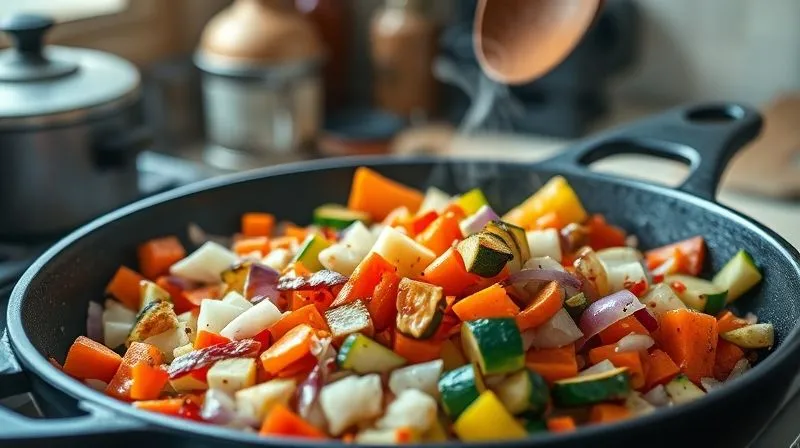 photorealistic, professional photography, 8K, cinematic lighting, sharp focus, depth of field, shot on a high-end DSLR, close-up of colorful chopped vegetables (onions, carrots, bell peppers, zucchini) lightly sizzling in a large, hot cast-iron pan, steam rising, golden-brown edges on some pieces, suggesting caramelization, with a blurred rustic kitchen background