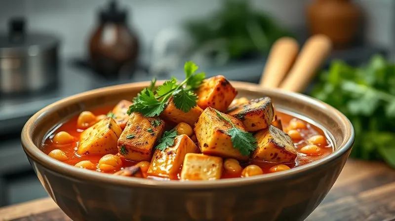 photorealistic, professional photography, 8K, cinematic lighting, sharp focus, depth of field, shot on a high-end DSLR, a vibrant, healthy vegetable stew in a serving bowl, with visible chunks of grilled tofu and chickpeas, garnished with fresh cilantro, steam gently rising, emphasizing a protein-rich and satisfying meal, blurred kitchen background