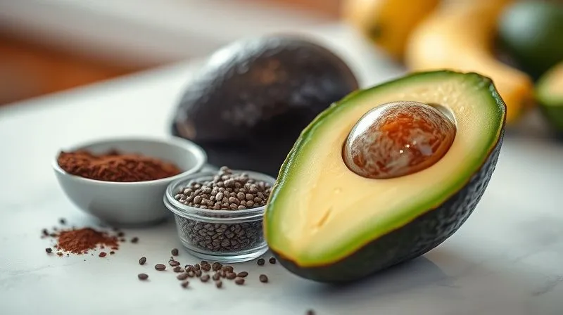Photorealistic, professional photography, 8K, cinematic lighting, sharp focus, depth of field, shot on a high-end DSLR. A close-up of a perfectly ripe avocado cut in half, next to a small bowl of soaked chia seeds, and a scoop of dark cocoa powder, all arranged on a clean, minimalist kitchen counter. The ingredients look fresh and ready for blending. Evokes a sense of natural goodness and healthy cooking.