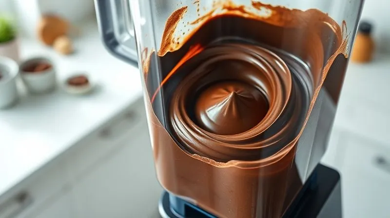 Photorealistic, professional photography, 8K, cinematic lighting, sharp focus, depth of field, shot on a high-end DSLR. A high-angle shot of a powerful blender in action, blending dark, rich chocolate fit cream. The cream is swirling smoothly, creating a vortex. The kitchen background is clean and modern, with soft, natural light. Focus on the smooth texture being created. Evokes efficiency and perfection.