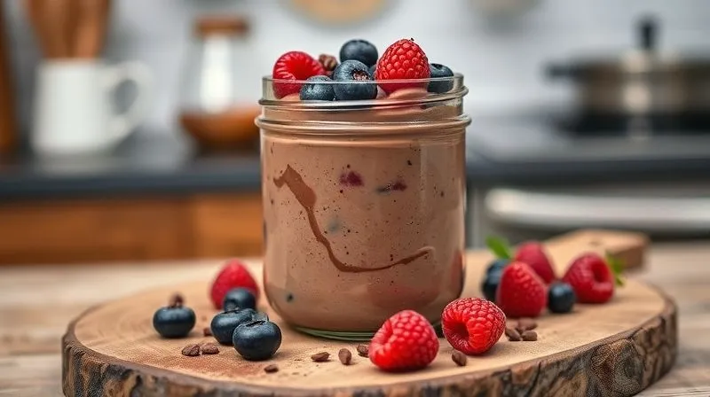 Photorealistic, professional photography, 8K, cinematic lighting, sharp focus, depth of field, shot on a high-end DSLR. A beautifully presented glass jar of thick, rich, chocolate fit cream, topped with fresh berries (raspberries, blueberries) and a sprinkle of cocoa nibs. The jar is on a rustic wooden board, with a blurred background of a cozy kitchen. Evokes deliciousness, health, and a gourmet feel.