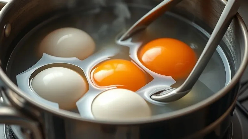 A close-up, photorealistic image of fresh, white and brown eggs being carefully placed into a pot of simmering water with tongs. Steam gently rises. Cinematic lighting, sharp focus, 8K, shot on a high-end DSLR.