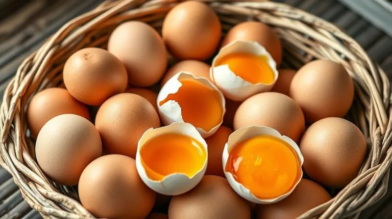 A professional, photorealistic image showcasing a variety of fresh, organic eggs in a rustic basket, with some cracked open to show vibrant, deep orange yolks, emphasizing quality and freshness. Soft natural lighting, 8K, sharp focus, depth of field, shot on a high-end DSLR.
