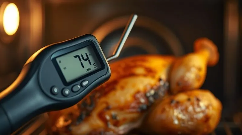 Photorealistic close-up of a digital meat thermometer accurately inserted into a perfectly roasted chicken breast, showing a reading of 74 degrees Celsius. The background is a slightly blurred, warm-toned kitchen oven interior. Professional photography, 8K, cinematic lighting, sharp focus on the thermometer and chicken, depth of field.