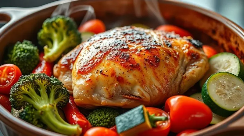 Photorealistic close-up of a golden-brown roasted chicken breast nestled among vibrant, perfectly cooked vegetables (broccoli florets, red bell pepper strips, cherry tomatoes, and sliced zucchini) in a rustic ceramic baking dish. Steam is gently rising. Professional photography, 8K, cinematic lighting, sharp focus on the food, depth of field, inviting and healthy.