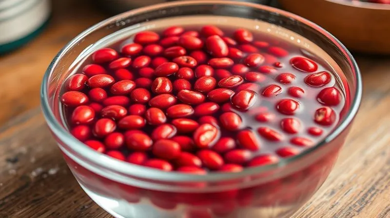 A close-up of red kidney beans soaking in a clear glass bowl, with fresh water, on a rustic kitchen counter, photorealistic, professional photography, 8K, cinematic lighting, sharp focus, depth of field, shot on a high-end DSLR.
