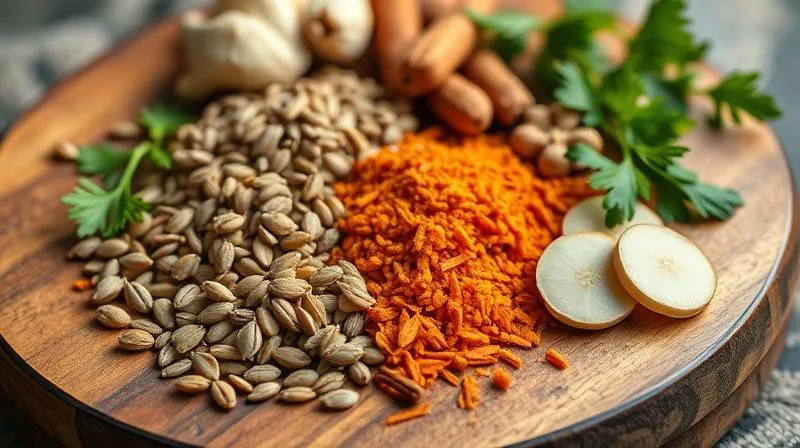 A vibrant, photorealistic collection of digestive spices like cumin seeds, fennel seeds, and sliced ginger on a wooden board, arranged artfully, cinematic lighting, 8K, sharp focus, depth of field, shot on a high-end DSLR.