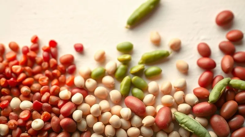 A visually appealing, photorealistic assortment of various legumes: red lentils, chickpeas, edamame pods, and red kidney beans, beautifully arranged on a light background, cinematic lighting, 8K, sharp focus, depth of field, shot on a high-end DSLR.