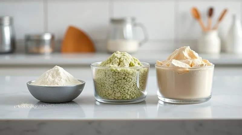 Photorealistic, professional photography, 8K, cinematic lighting, sharp focus, depth of field, shot on a high-end DSLR. A clear, distinct visual comparison of different protein powders: a scoop of whey isolate, a scoop of pea protein, and a scoop of rice protein, each in a separate, minimalist container on a clean kitchen counter. The lighting highlights their textures and slight color differences, emphasizing purity and variety.
