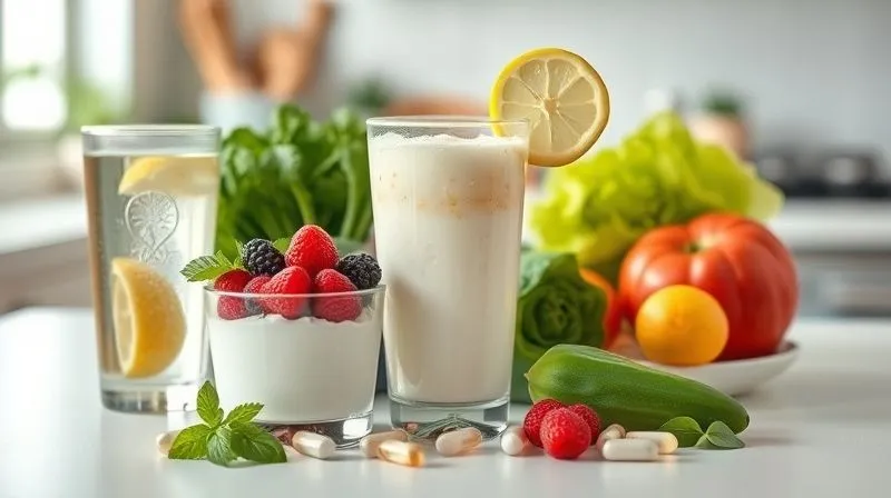 Photorealistic, professional photography, 8K, cinematic lighting, sharp focus, depth of field, shot on a high-end DSLR. A vibrant, clean composition showing various elements contributing to gut health: a glass of water with lemon, a small bowl of kefir with berries, a selection of fresh vegetables, and subtle capsules representing probiotics and digestive enzymes. The background is a soft, natural kitchen setting, emphasizing wellness and balance.