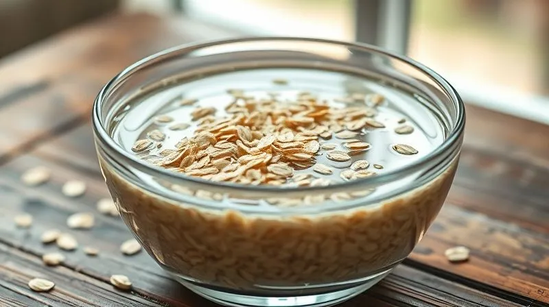 A close-up, photorealistic, professional photography image of oat flakes soaking in a glass bowl overnight, with clear water covering them. The scene is set on a rustic wooden table, illuminated by soft, natural morning light from a window. Sharp focus on the oats, with a gentle depth of field. 8K hyper-detailed, shot on a high-end DSLR.