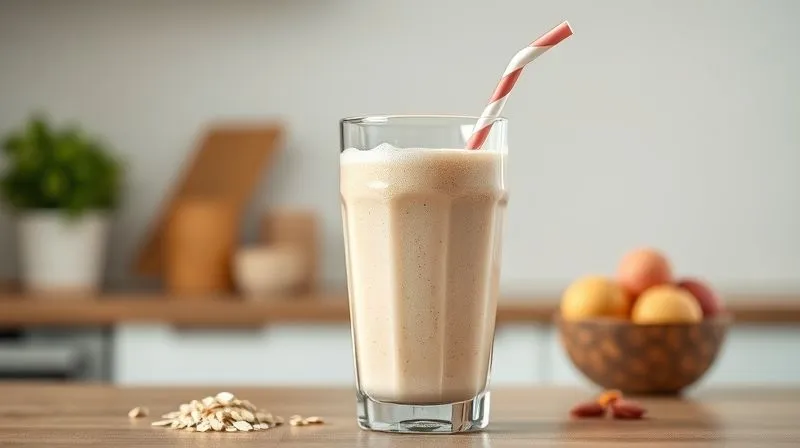 A photorealistic, professional photography image of a perfectly blended, smooth oat smoothie in a stylish glass, with a single straw. The texture is creamy and free of lumps. The background shows a minimalist kitchen, with soft, diffused light highlighting the smoothie. Sharp focus on the drink, depth of field blurring the background. 8K hyper-detailed, shot on a high-end DSLR.