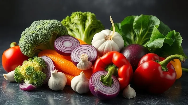 Photorealistic image of a vibrant, colorful mix of vegetables known for causing bloating, such as broccoli florets, cabbage leaves, red onion slices, garlic cloves, and bell peppers, artfully arranged on a dark stone background. The vegetables are fresh and glistening, with a slight mist, emphasizing their raw beauty. Cinematic lighting, sharp focus on the textures, depth of field blurring the edges. Shot on a high-end DSLR, 8K hyper-detailed.