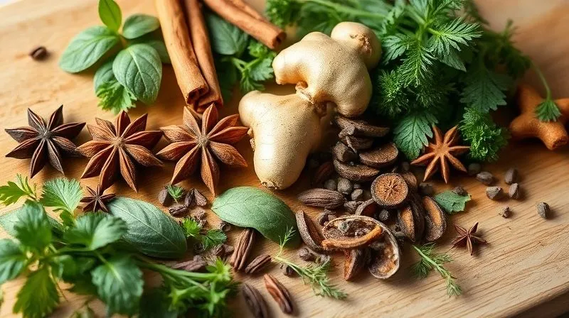 Photorealistic image of an assortment of fresh herbs and spices known for their digestive benefits, such as whole star anise, cinnamon sticks, dried bay leaves, fresh ginger root, sprigs of fresh mint, dill, and parsley, artfully arranged on a light wooden cutting board. Soft, warm cinematic lighting highlights the textures and colors. Sharp focus on the herbs, with a gentle depth of field. Shot on a high-end DSLR, 8K hyper-detailed.