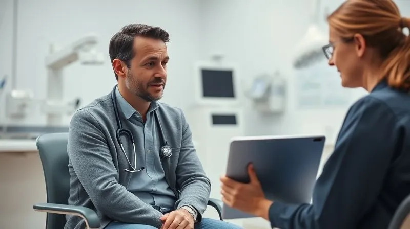 Photorealistic image of a concerned patient in a modern, clean doctor's office, discussing symptoms with a compassionate and professional female doctor. The doctor is actively listening, making eye contact, with medical charts visible on a tablet. Soft, natural lighting. Sharp focus on the interaction, with a gentle depth of field blurring the background medical equipment. Shot on a high-end DSLR, 8K hyper-detailed.