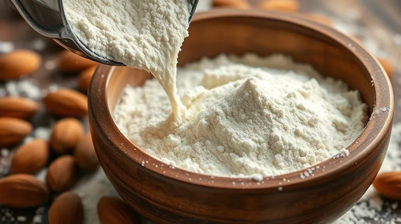 photorealistic, professional photography, 8K, cinematic lighting, sharp focus, depth of field, shot on a high-end DSLR. A close-up of fine, creamy almond flour cascading from a measuring cup into a rustic wooden bowl, with whole almonds scattered around. The texture of the flour is visible, emphasizing its delicate nature. Soft, warm light illuminates the scene, highlighting the natural color of the almonds.